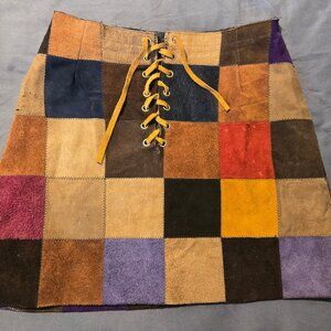 Vintage 1960s Patchwork Suede Lace-Up Miniskirt